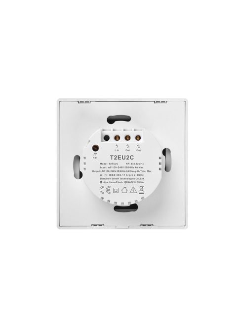 Sonoff TX T2 EU 2C WiFi + RF vezérlésű, távvezérelhető, érintős dupla/csillár villanykapcsoló (fehér, kerettel) (SON-KAP-TXT22)
