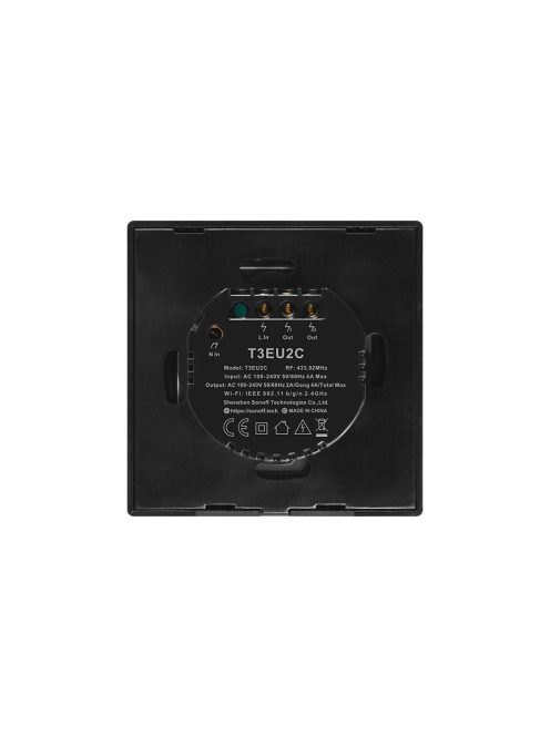 Sonoff TX T3 EU 2C WiFi + RF vezérlésű, távvezérelhető, érintős dupla/csillár villanykapcsoló (fekete) (SON-KAP-TXT32)