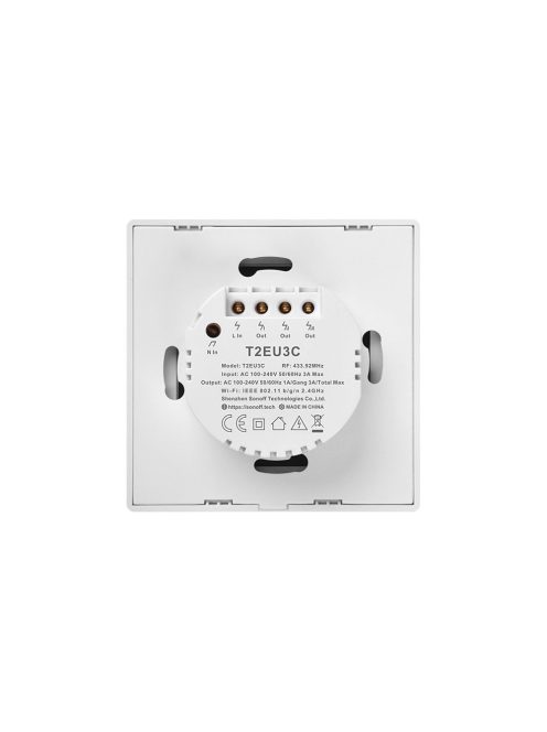 Sonoff TX T2 EU 3C WiFi + RF vezérlésű, távvezérelhető, érintős hármas csillár villanykapcsoló (fehér, kerettel) (SON-KAP-TXT23)
