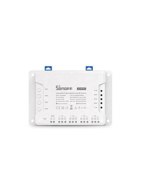 Sonoff 4CH PRO (R3) internetről távvezérelhető, WiFi-s és RF-es időzíthető kapcsoló relé négy áramkörhöz (SON-REL-4CHP-R3)