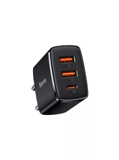   Baseus kompakt gyorstöltő, 2xUSB, USB-C, PD, 3A, 30 W (fekete)