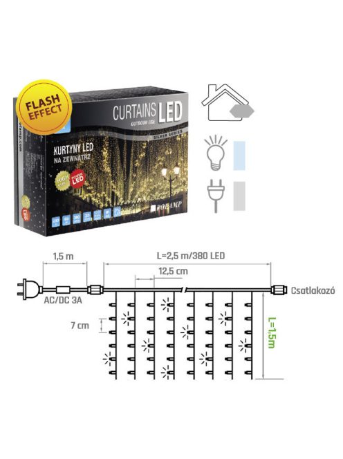 LED FÉNYFÜGGÖNY FLASH 2,5X1,5 MÉTER, HIDEG FEHÉR, ÁTLÁTSZÓ KÁBELLEL, POLAMP