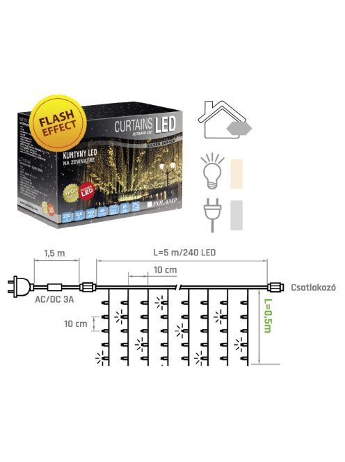 LED FÉNYFÜGGÖNY FLASH 5X0,5 MÉTER, MELEG FEHÉR, ÁTLÁTSZÓ KÁBELLEL, POLAMP