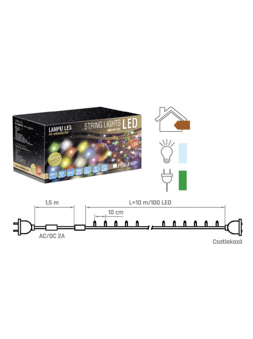 LED FÉNYFÜZÉR 10 MÉTER, HIDEG FEHÉR, ZÖLD KÁBELLEL, POLAMP