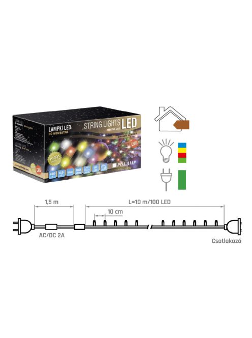 LED FÉNYFÜZÉR 10 MÉTER, MULTIKOLOR, ZÖLD KÁBELLEL, POLAMP