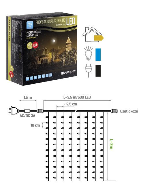 LED fényfüggöny PRO 2,5x3 méter, kék, fekete kábellel, POLAMP