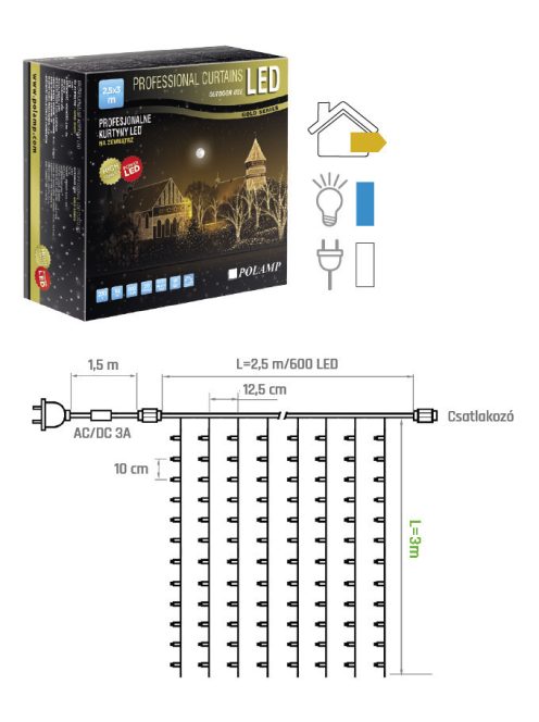 LED fényfüggöny PRO 2,5x3 méter, kék, fekete kábellel, POLAMP