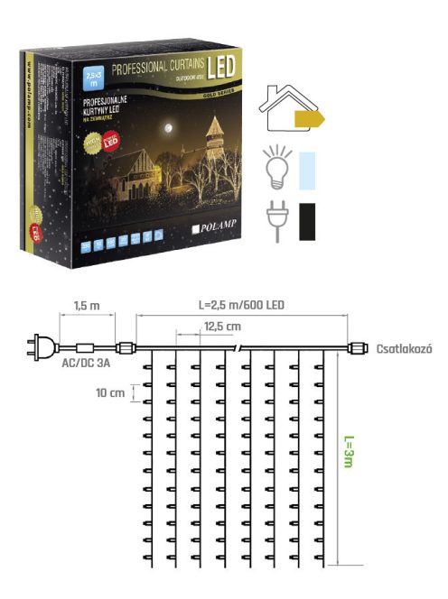 LED fényfüggöny PRO 2,5x3 méter, hideg fehér, fekete kábellel, POLAMP