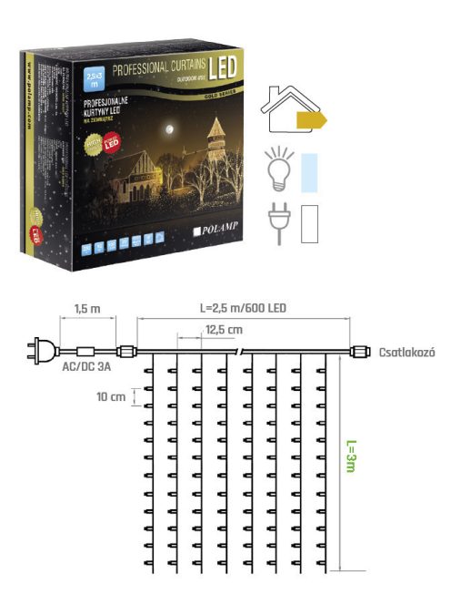 LED fényfüggöny PRO 2,5x3 méter, hideg fehér, fehér kábellel, POLAMP