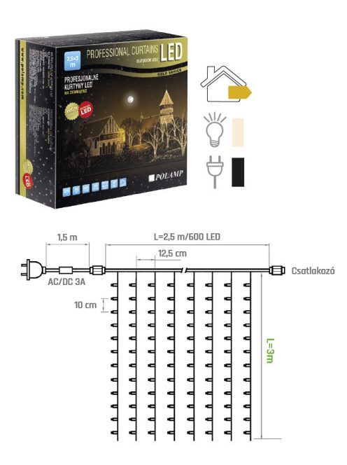 LED fényfüggöny PRO 2,5x3 méter, meleg fehér, fekete kábellel, POLAMP