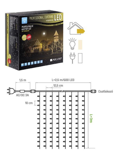 LED fényfüggöny PRO 2,5x3 méter, meleg fehér, fehér kábellel, POLAMP