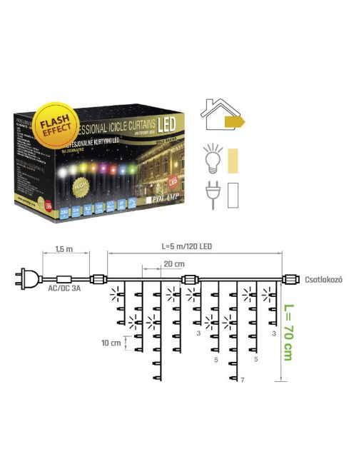 Jégcsapfüzér PRO FLASH meleg fehér 5 méter x 70 cm, fehér kábellel, POLAMP