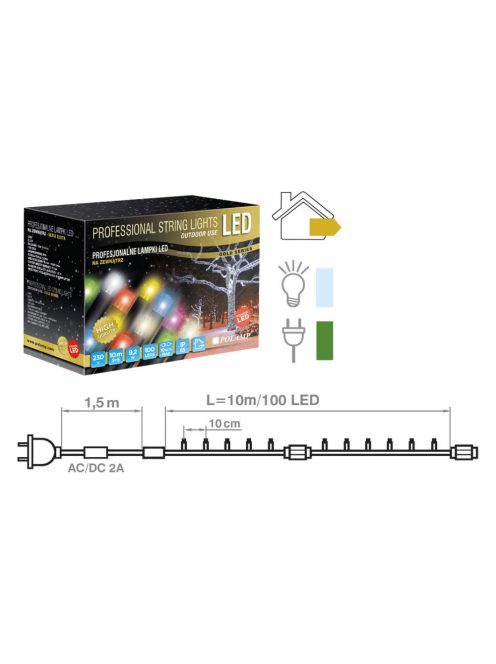 LED fényfüzér PRO 10 méter, hideg fehér, zöld kábellel, POLAMP