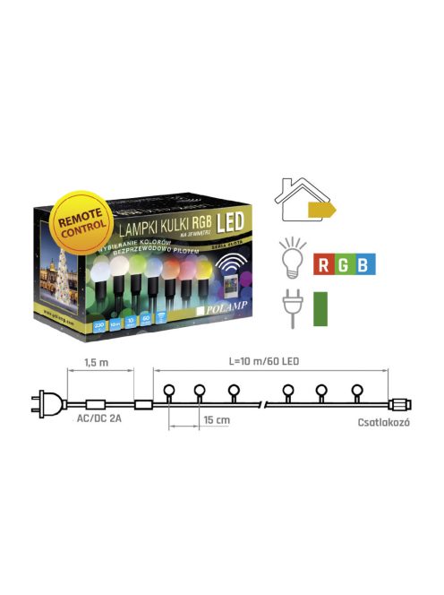 LED GÖMB FÉNYFÜZÉR PRO TÁVIRÁNYÍTÓS 10 MÉTER, RGB, ZÖLD KÁBELLEL, POLAMP