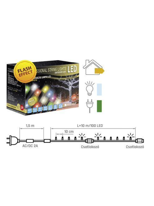 LED fényfüzér PRO FLASH 10 méter, hideg fehér, zöld kábellel, POLAMP